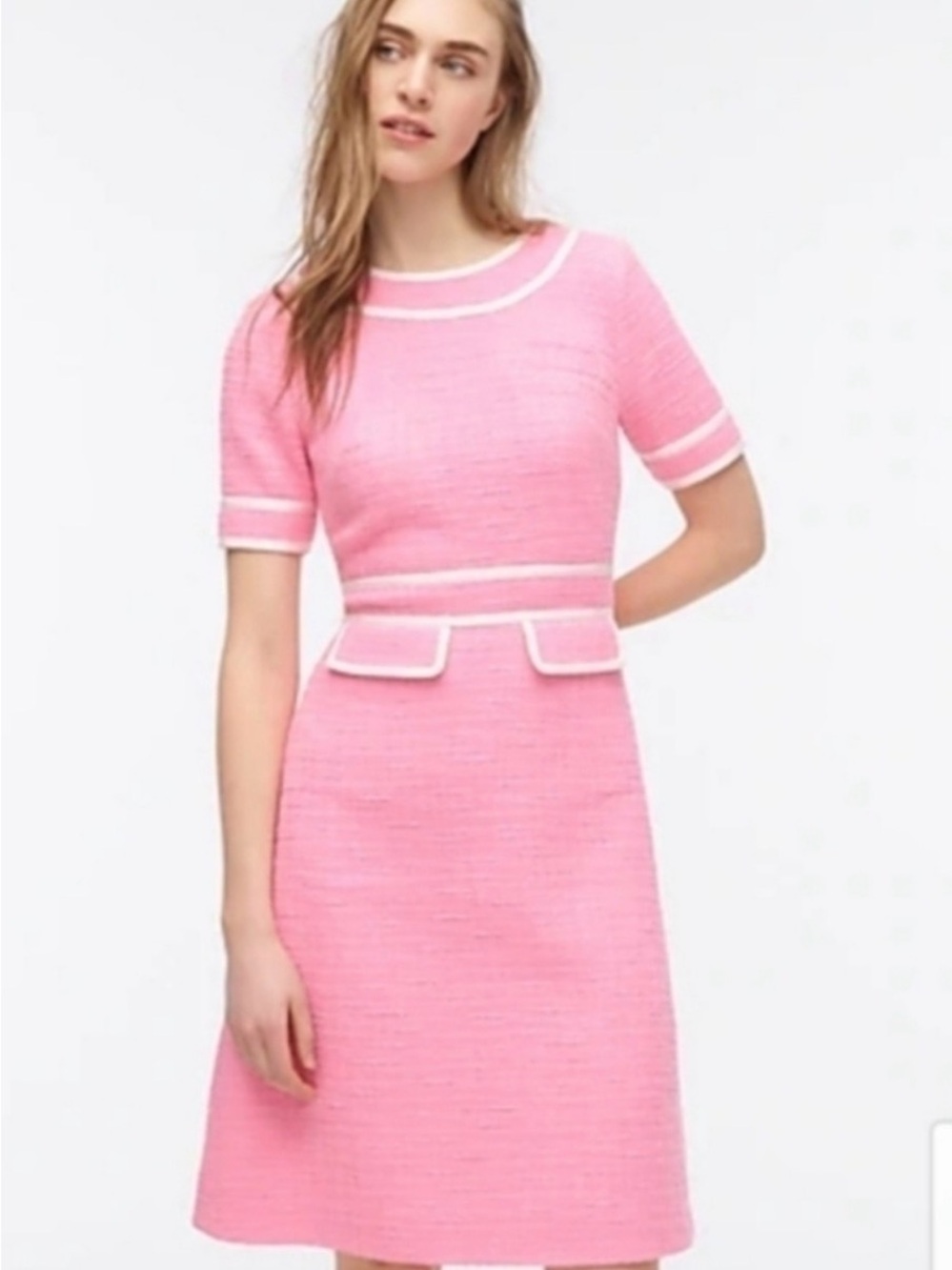 J. Crew Pink Tweed Short-Sleeve A-Line Dress with White Trim